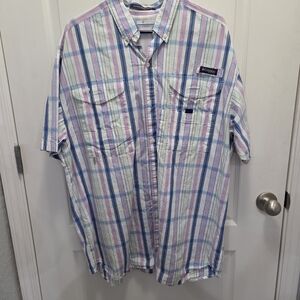 Columbia Men’s Short Sleeve Plaid Fishing Shirt - Pastel Blue & Pink Size XL/TG